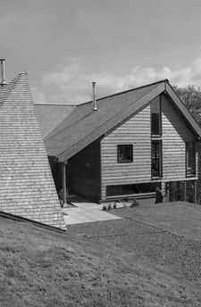 Hill house building in black and white